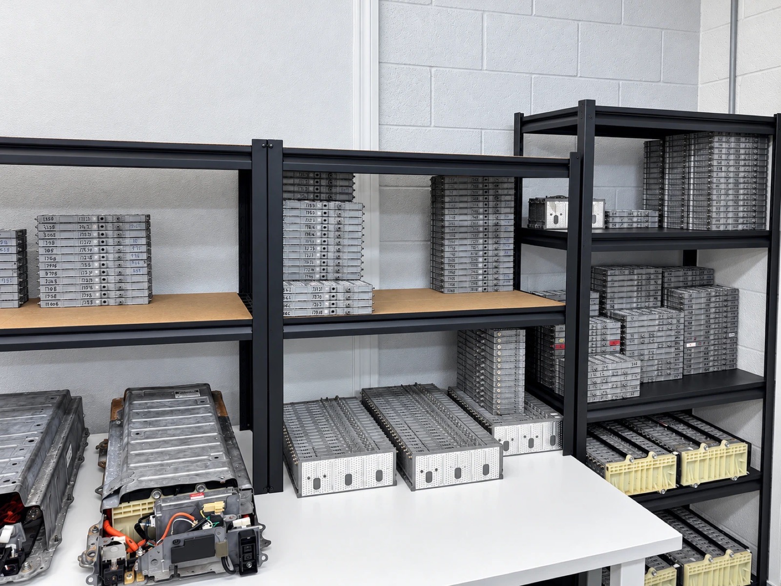 Shelves of tested and labeled hybrid battery modules