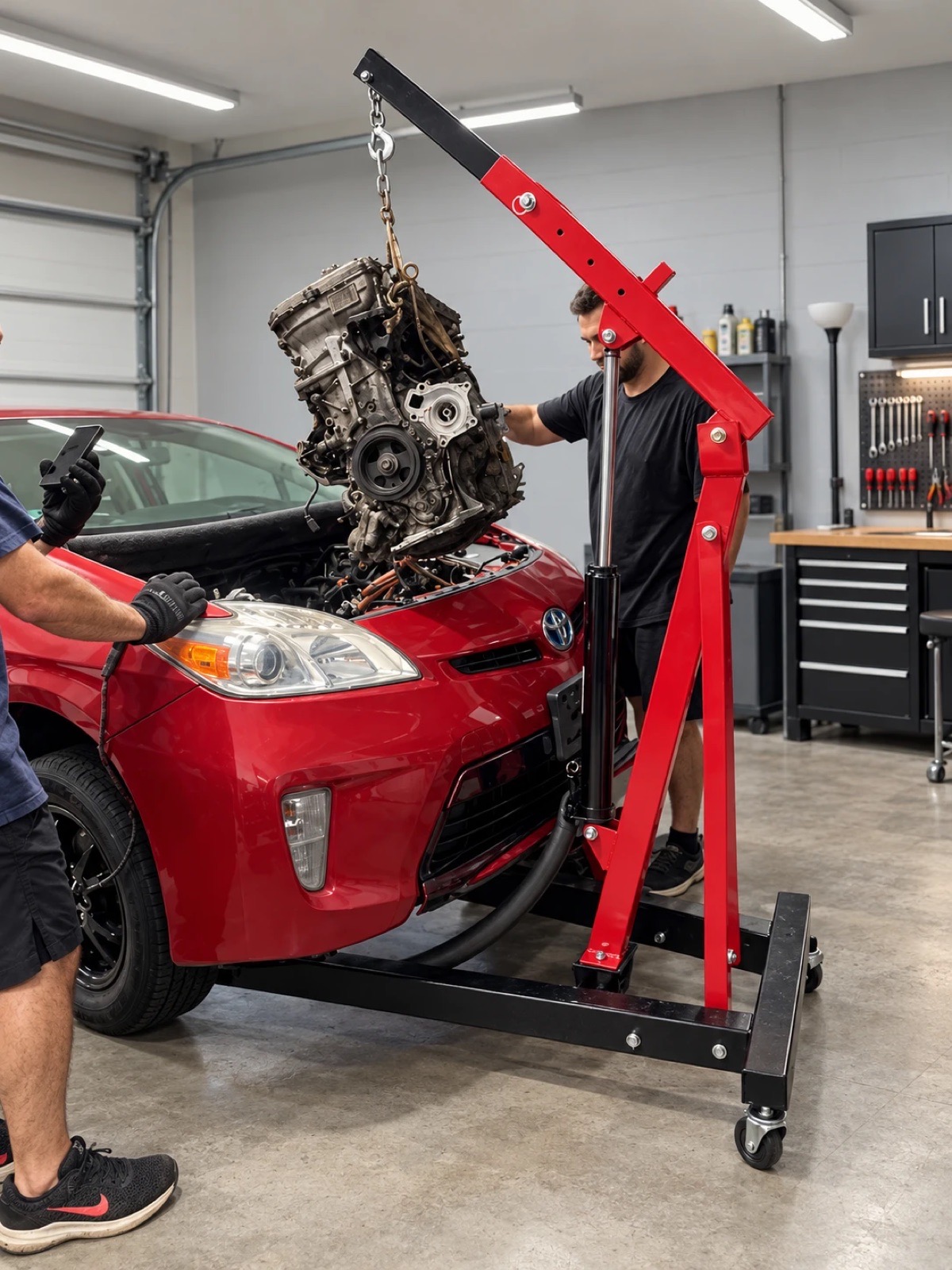 Engine being lifted out of a Toyota Prius with an engine hoist